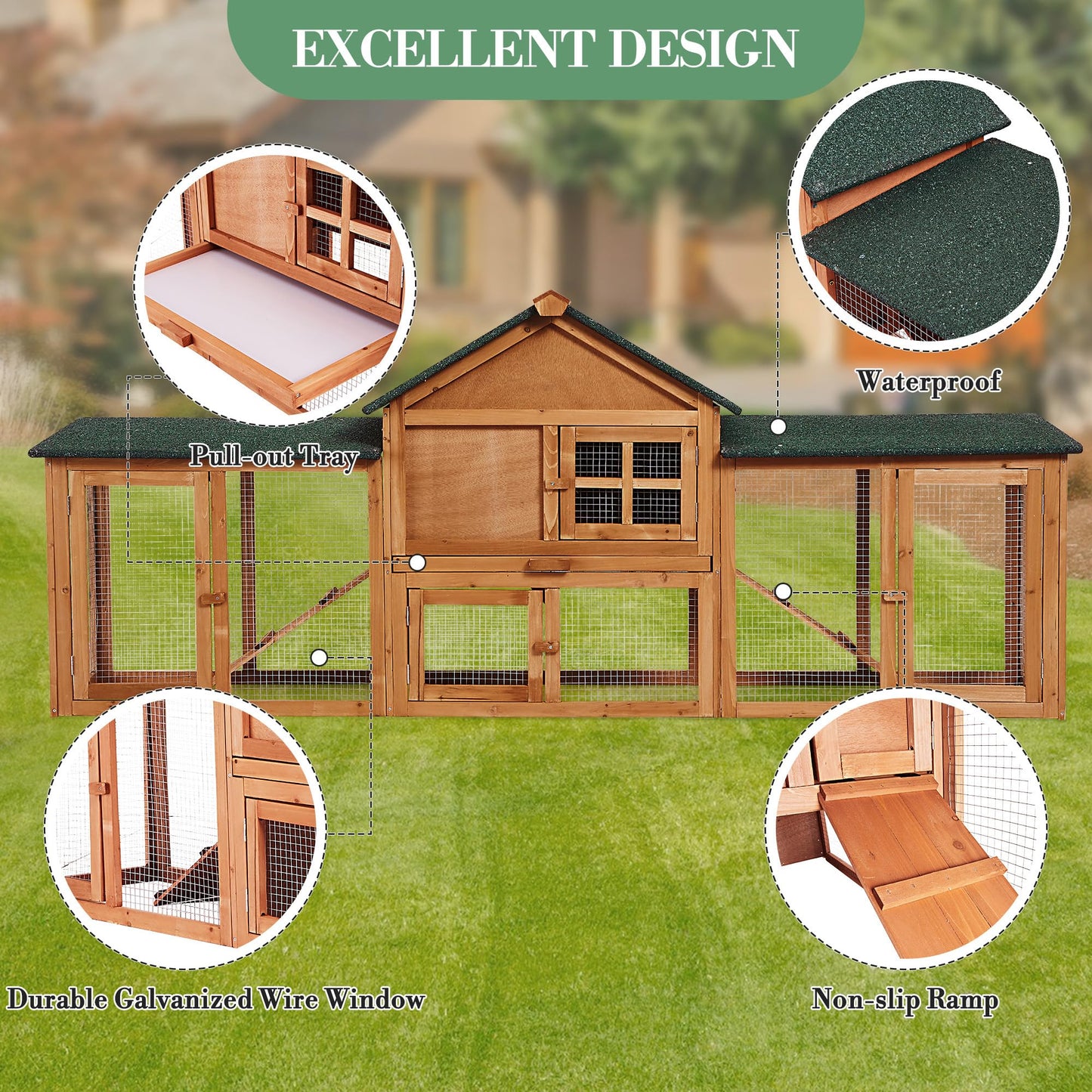 GarveeLife 80in Wooden Rabbit Hutch, Outdoor Chicken Coop, Bunny Hutch Guinea Pig Pet House Bunny Cage with Double Side Runs, Weatherproof Roof, Removable Tray, Ramps for Small Animals