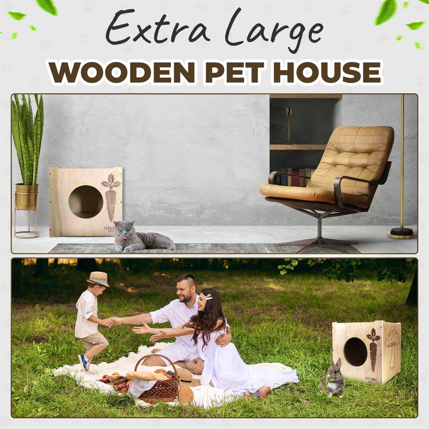 NIKOS PETS - Wooden Rabbit Hideout, Rabbit Bed, Indoor Hutch, Bunny House Pet for Bunnies, Guinea Pigs, Outdoor Shelter Hut, Small Animal Hideaway, Bunny Playground (12.5 x 12.5 in)