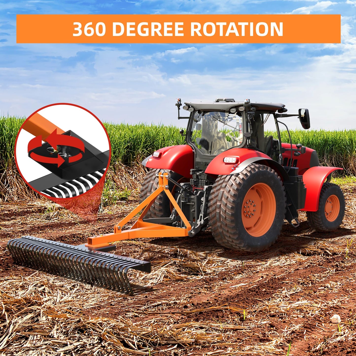 COZONY 3 Point 5FT Landscape Rake, 360 Degree Rotation 60" Rock Rake Fits for Category 1 Hookup, Tow-Behind Garden Tool, Orange