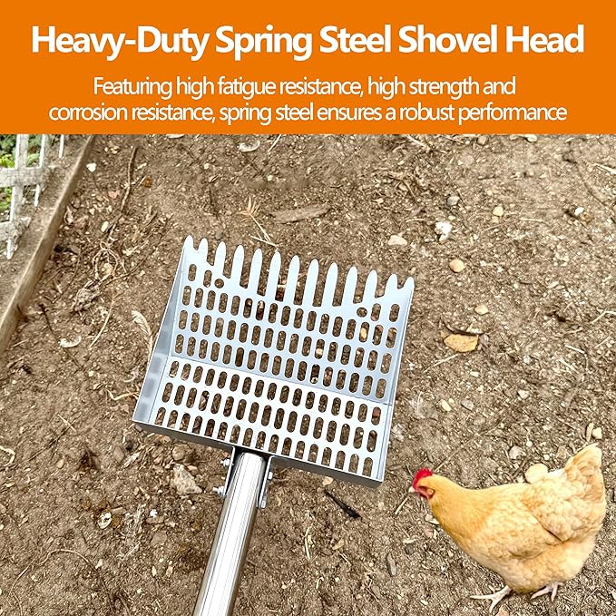 Chicken Poop Scooper Tempered Spring Steel Chicken Poop Shovel Heavy Duty 38 to 66" Adjustable Sifting Shovel for Chicken Coop with Long Stainless Steel and Rubber Handle
