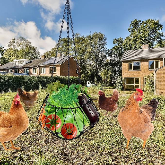 Hanging Chicken Feeder Accessories, Coop Must Haves -Foldable 6.5Inch Large Poultry Vegetable Fruits Chicken Treat Dispenser with 3pcs Hanging Chain,Chicken Toys for coop (Chicken Feeder 1 Pack)
