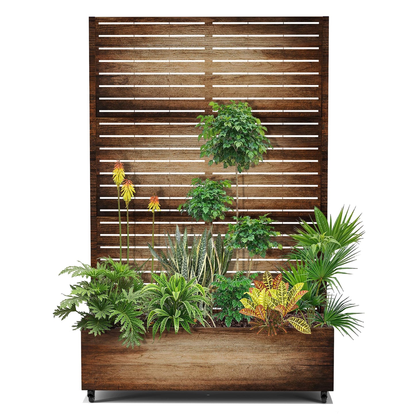 15.7"×70.9"×47.2" Metal Raised Garden Bed with Trellis and Wheels - Tall Trellis Planter Box for Climbing Plants, Vegetables & Vines - Outdoor Privacy Planters for Patio (Natural Wood Grain)