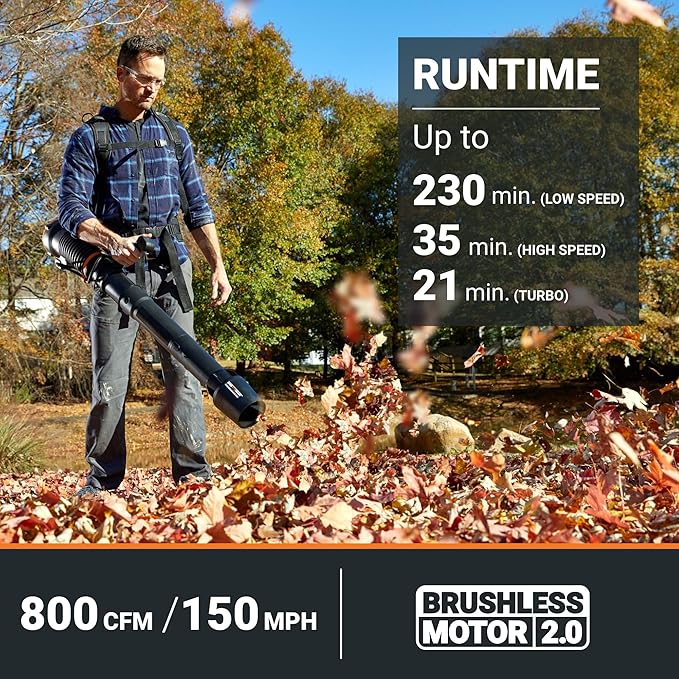 WORX Nitro WG572 80V Cordless Leaf Blower, Backpack Blower with 800CFM & 150MPH, Electric Blower for Lawn Care with Brushless Motor & Variable Air Control, 4 Batteries & Basecamp Charger Included