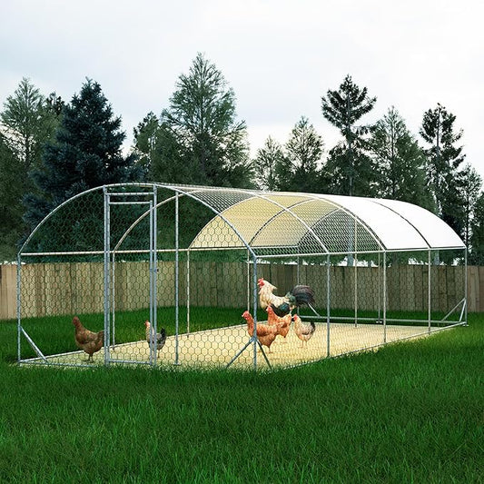 Large Metal Chicken Coop, Walk-in Chicken Run Pen with Waterproof Anti-UV Cover, Dome Roof Poultry Cage for Outdoor, Backyard, Farm (26'W x 9'L x 6'H)
