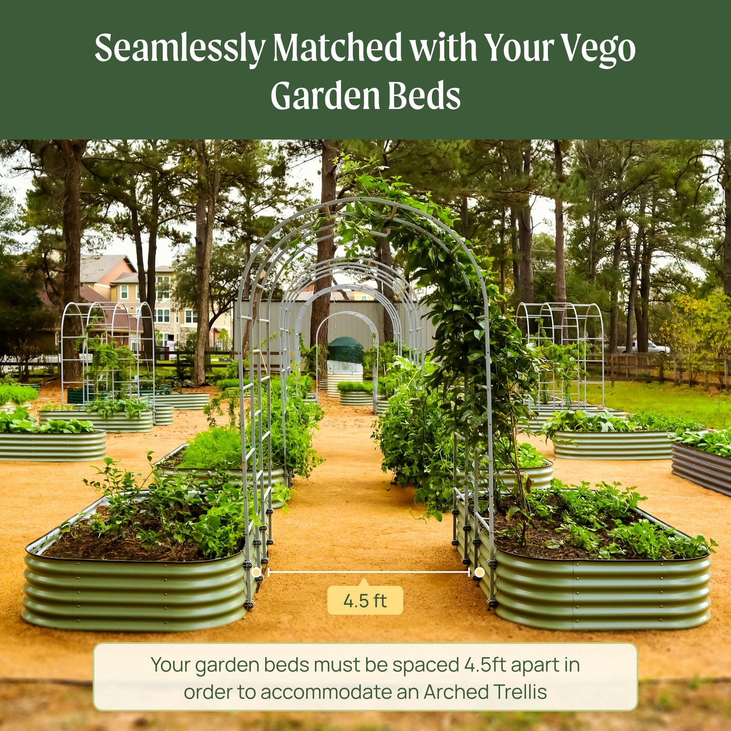 Vego Garden Modular Arched Trellis System Triple Section 5.5' Long Trellis for 4.0' x 8.0' (10 in 1) Garden Bed