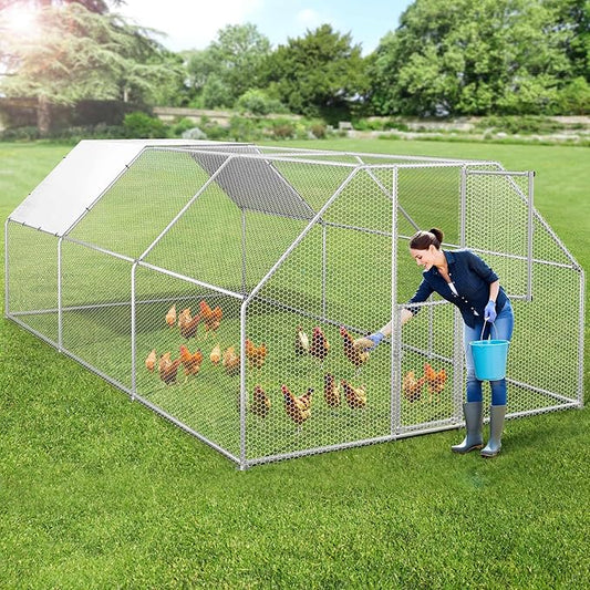 DWVO Large Metal Chicken Coop for 20-30 Chickens, 19.1 x 9.8 x 6.4 ft Walk-in Poultry Cage Chicken Run for Yard Outdoor with Waterproof and Anti-UV Cover Duck House Flat Roof Chicken Pen