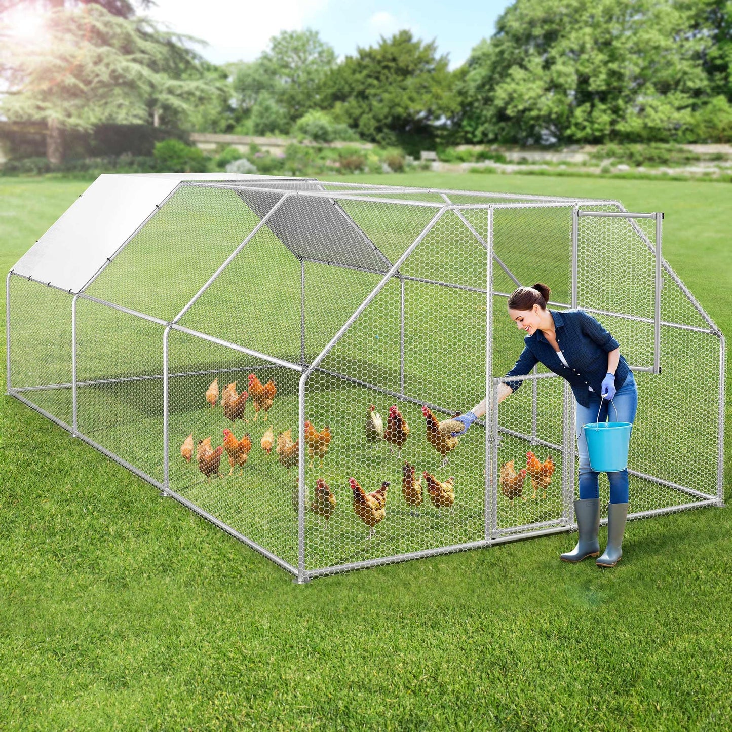 DWVO Large Metal Chicken Coop for 20-30 Chickens, 19.1 x 9.8 x 6.4 ft Walk-in Poultry Cage Chicken Run for Yard Outdoor with Waterproof and Anti-UV Cover Duck House Flat Roof Chicken Pen