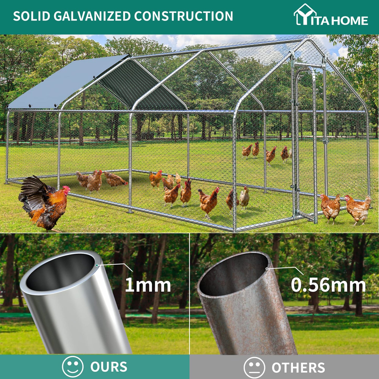 DWVO Large Metal Chicken Coop with Top Cover, 19.7'Lx9.8'Wx6.4'H Walk-in Poultry Cage Hen Run House Duck House Rabbits Cage Spire Shaped Coop for Outdoor Back Yard Farm Use