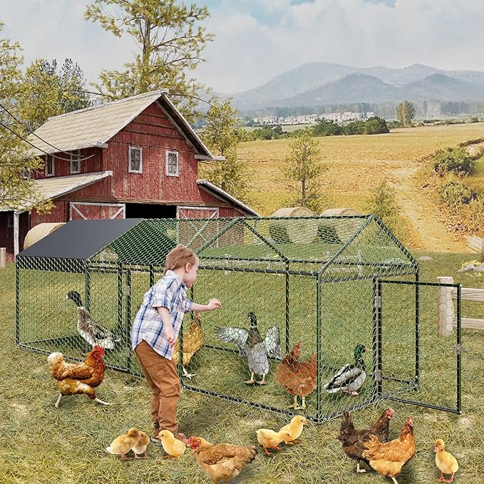 Large Metal Chicken Coop 10' x 3.3" x 3.3" Chicken Runs with Waterproof and Anti-UV Cover,3 Doors,Outdoor Hen House for Yard, Walk in Poultry Cage for Rabbit Duck Goose