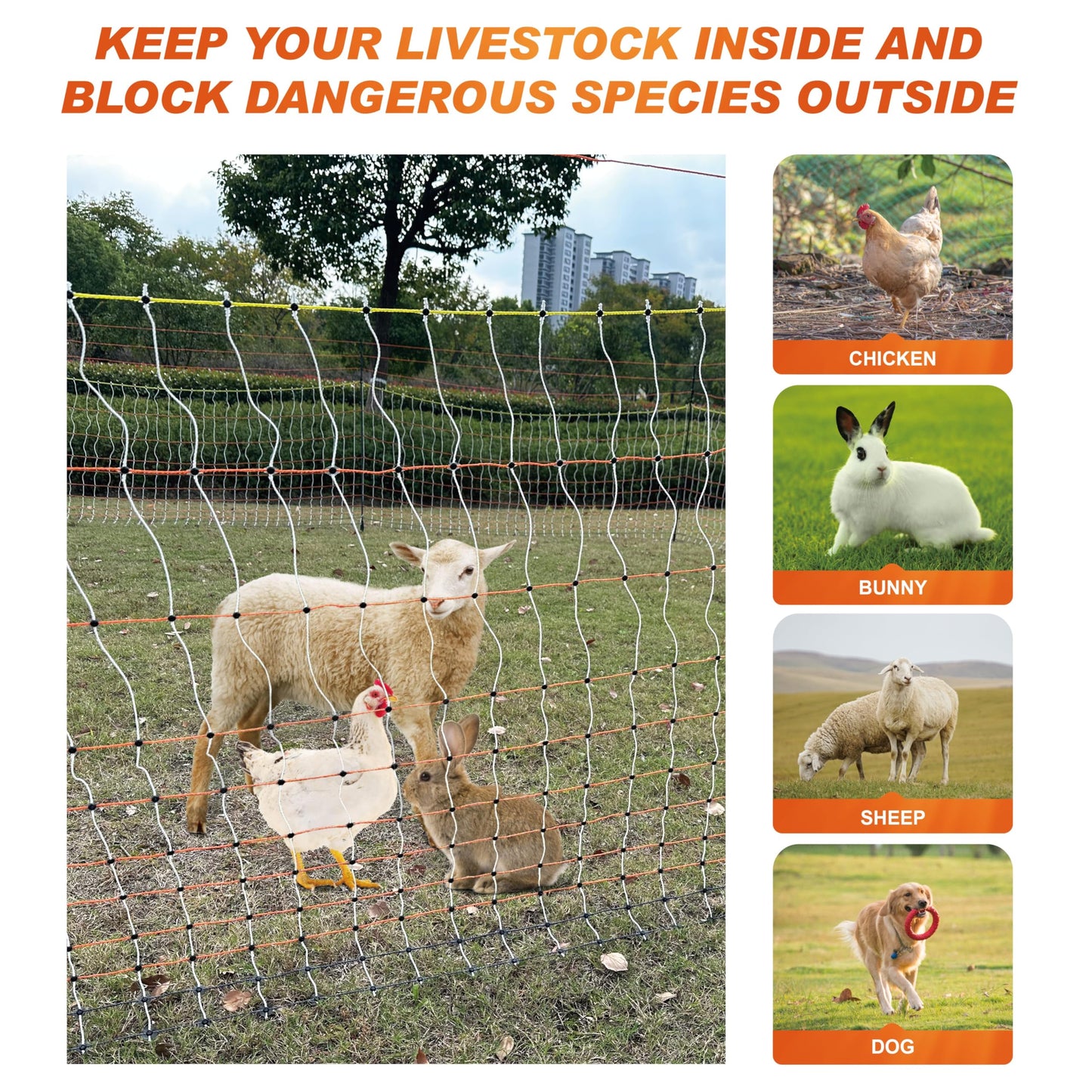 Poultry Electric Netting Fence - 41.3''H (can be Manually Raised to 53.1''H) x 98.5'L for Flying Chicken, Sheep, Goats in Farms, Ranches and Gardens, PK1