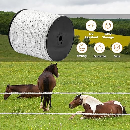 Electric Fence Poly Rope 656ft (200m), 1/4 inch (6mm) Upgraded Portable Polyrope, 6 x 0.18mm Strong SS Conductors, Electric Fence Rope for Horses, Safe Enough for Large Animals (White)