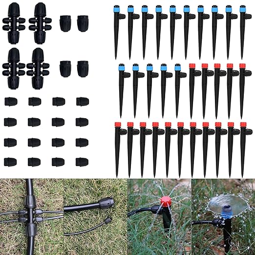 Drip Irrigation Fittings Kit, 1/2" to 1/4" Barbed Connectors, End Plugs, Adjustable Drip Emitters and Vortex Spray Emitters for 1/4" Tubing in Garden or Lawn Use (Tubing Not Included) 54 PCS
