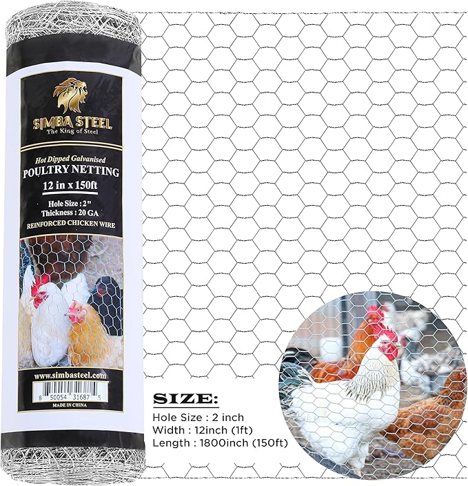 Chicken Wire 12 in x 150 FT x 2” Mesh x 20GA | Poultry Wire Netting | Hot Dipped Galvanised | Hexagonal Galvanized Mesh for Chicken Coop, Rabbit Cage, Fence Barrier PM12x150x2