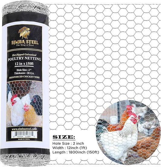 Chicken Wire 12 in x 150 FT x 2” Mesh x 20GA | Poultry Wire Netting | Hot Dipped Galvanised | Hexagonal Galvanized Mesh for Chicken Coop, Rabbit Cage, Fence Barrier PM12x150x2