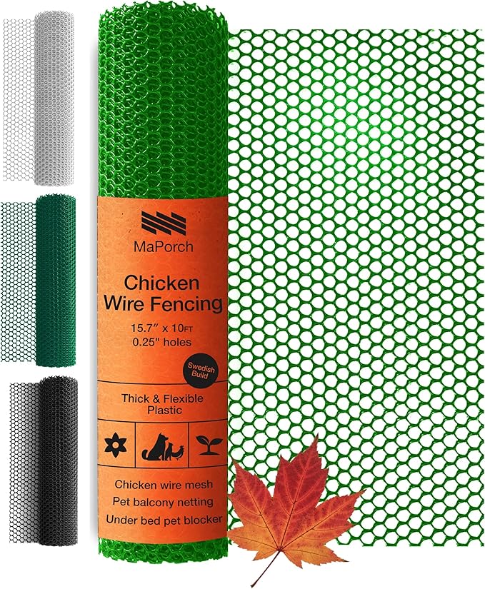 MaPorch Plastic Wire Mesh Fence - Green, 15.7" x 10 ft - Plastic Chicken Wire Fencing for Dogs, Rabbits & Poultry - Chicken Netting - Snake Barrier - Balcony Netting for Pets - Balcony Cat Barrier