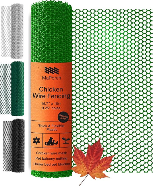 MaPorch Plastic Wire Mesh Fence - Green, 15.7" x 10 ft - Plastic Chicken Wire Fencing for Dogs, Rabbits & Poultry - Chicken Netting - Snake Barrier - Balcony Netting for Pets - Balcony Cat Barrier