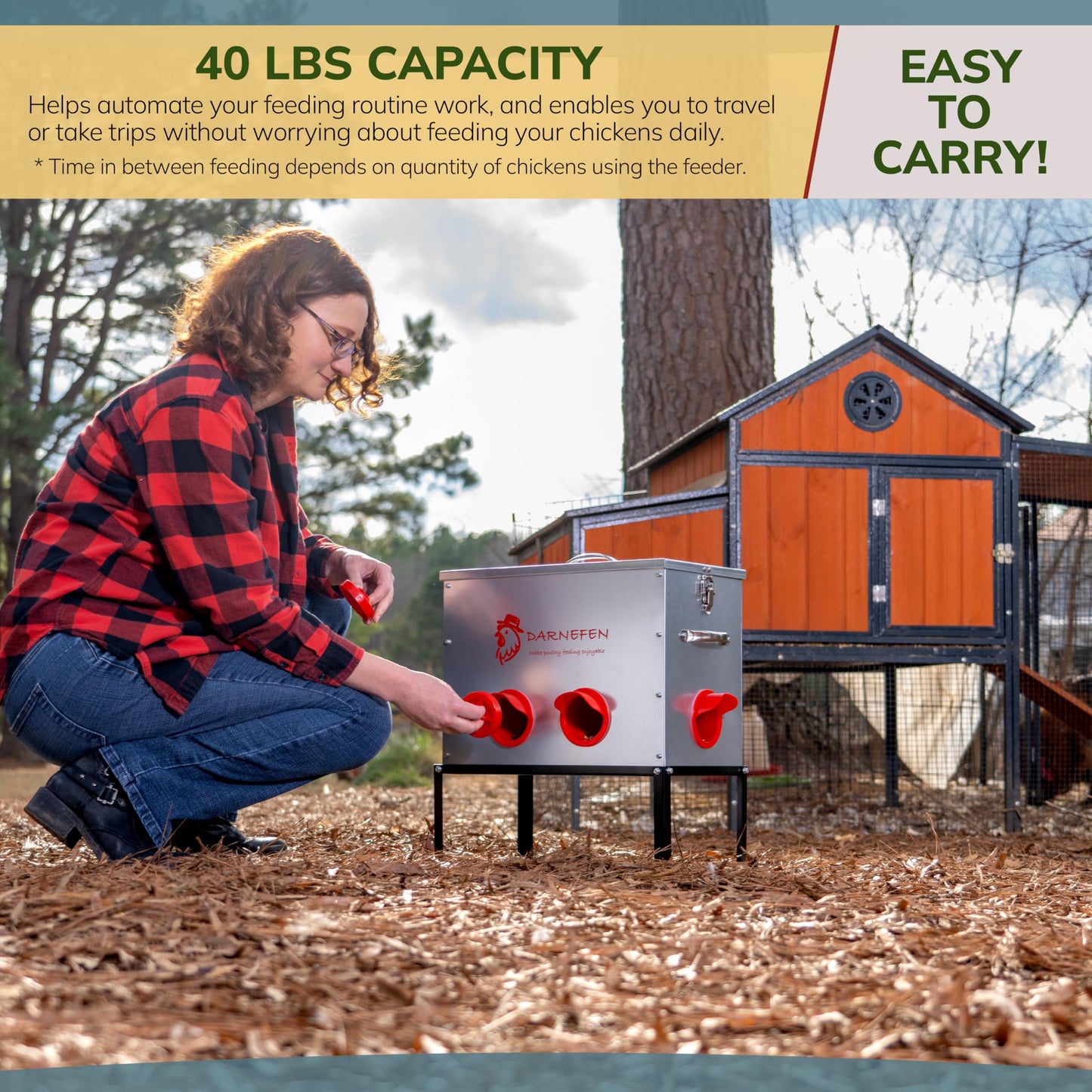 Darnefen Automatic Chicken Feeder Rat Proof - 40lb 6 Ports Large Capacity Metal Poultry Feeder with Legs and Lids - Galvanized Chicken Feeder for Hen Coop