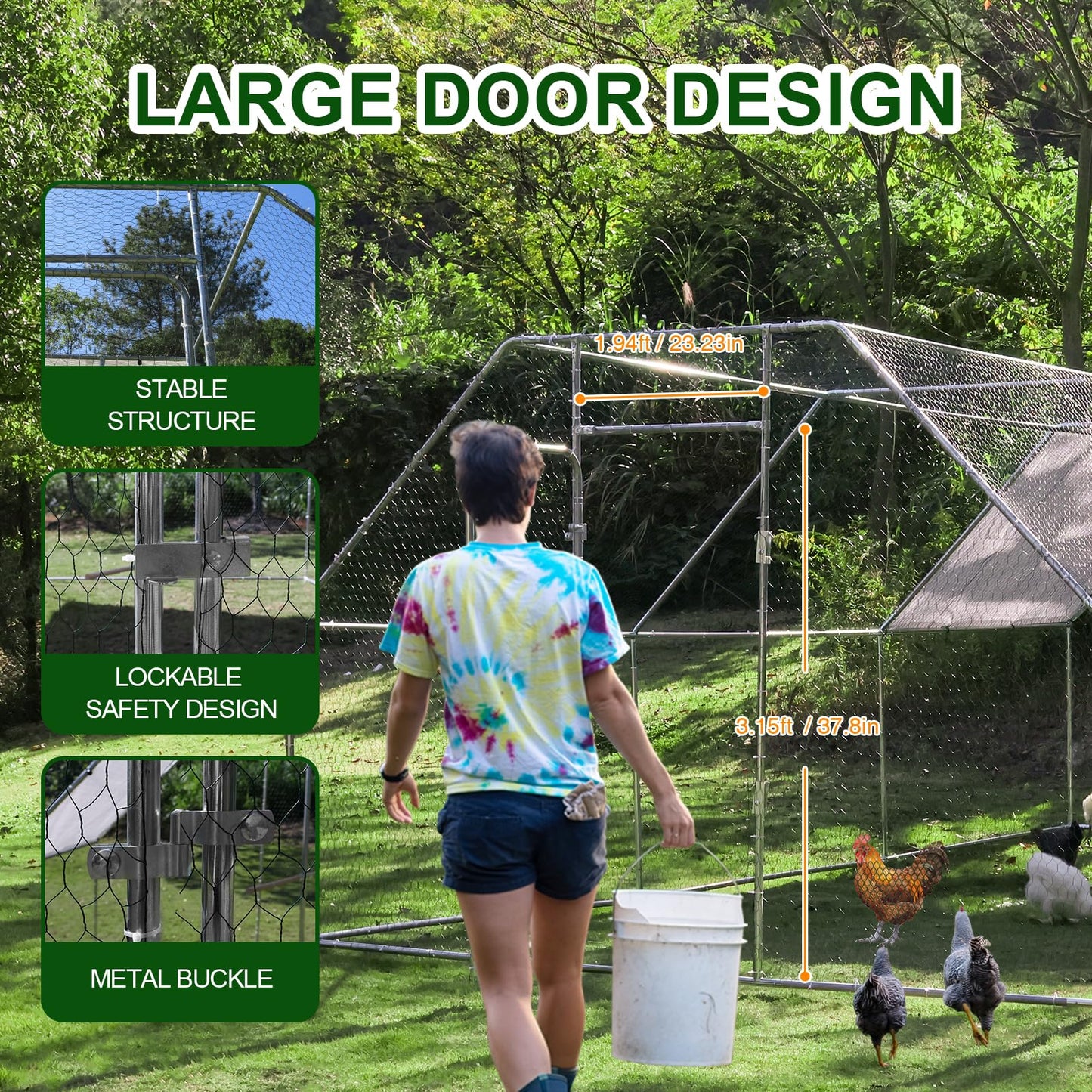 Chicken Coop Large Metal Chicken House/Pen with Climbing Frame for 15-20 Chickens, Outdoor Walk-in Poultry Cage Flat Shape for Ducks, Rabbits, Dogs Etc, Silver (236" L x 117.6" W x 78.7" H)