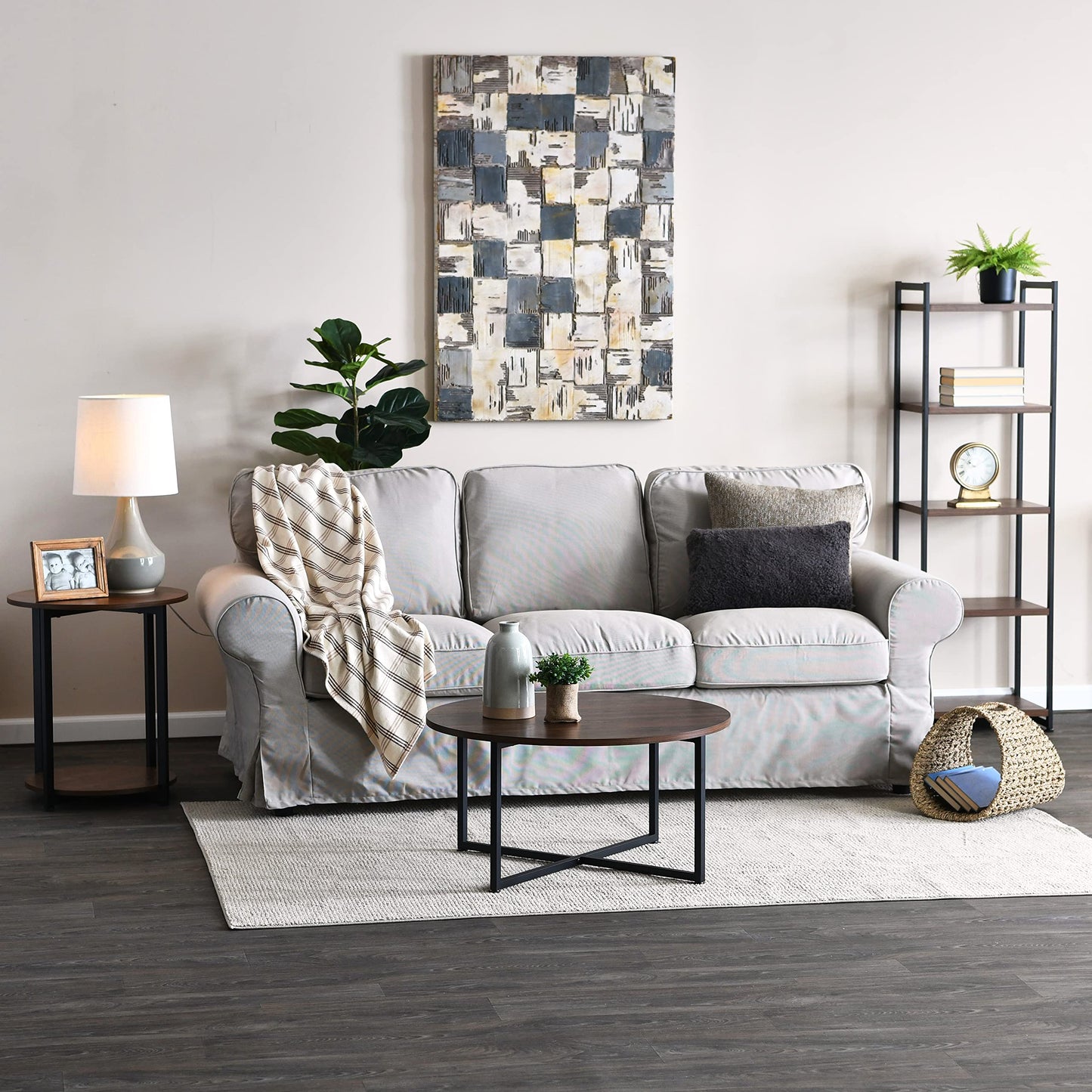 Household Essentials Jamestown Narrow 5 Shelf Open Storage Bookshelf Mid Century Walnut Wood Grain and Black Metal