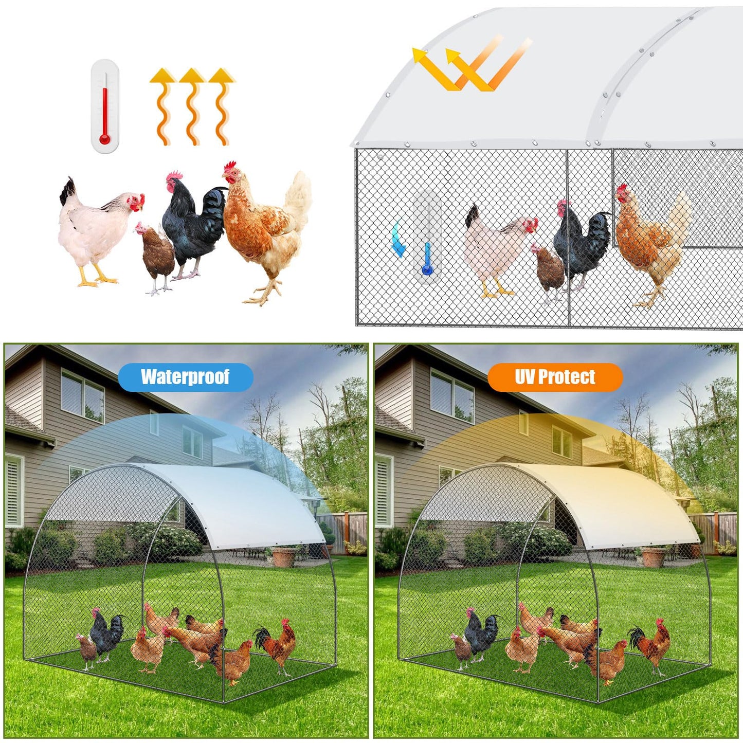 VitalCozy 2 Pcs Chicken Coop Cover Waterproof 14.5 x 6.6 ft Chicken Run Cover Coop Tarp Accessories for Winter with 50 Pcs Ball Bungees Cords for Outdoor (White)