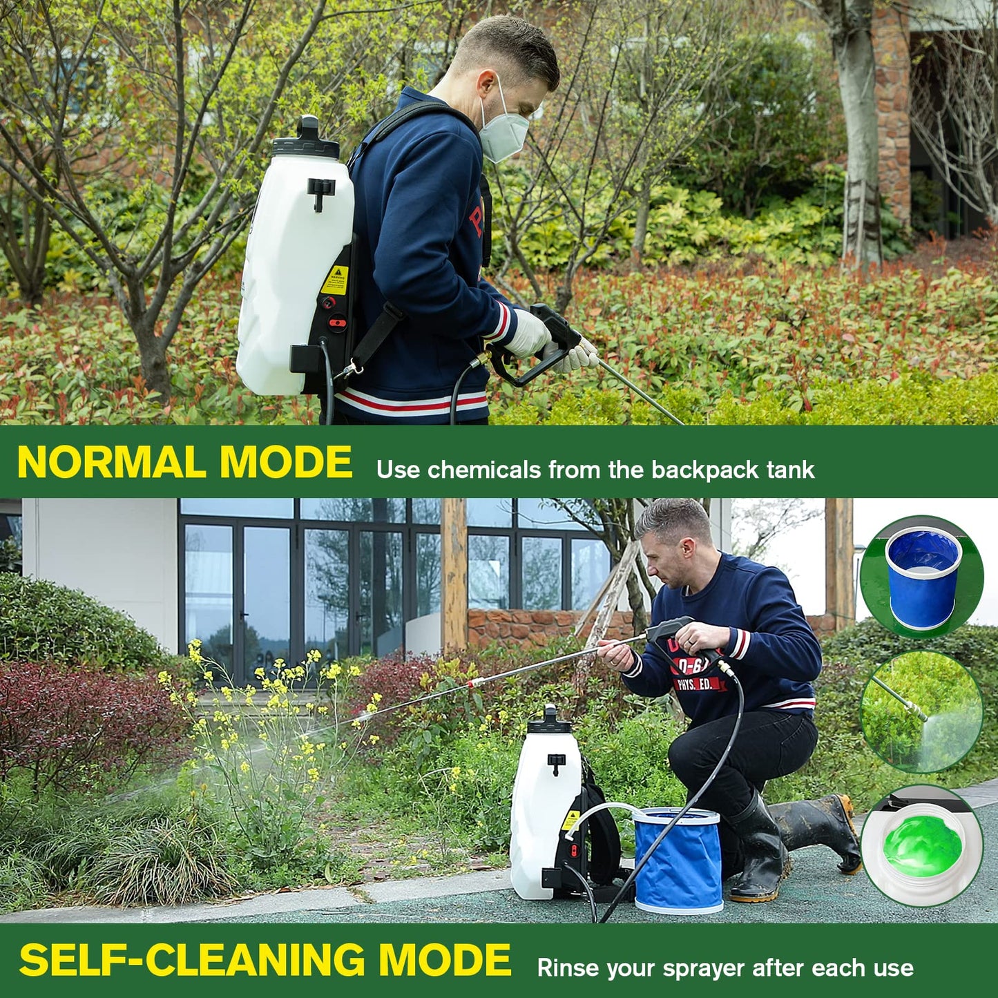 Self-Cleaning Battery Powered Backpack Sprayer 4 Gallon & 18V/4.9Ah Lithium Battery