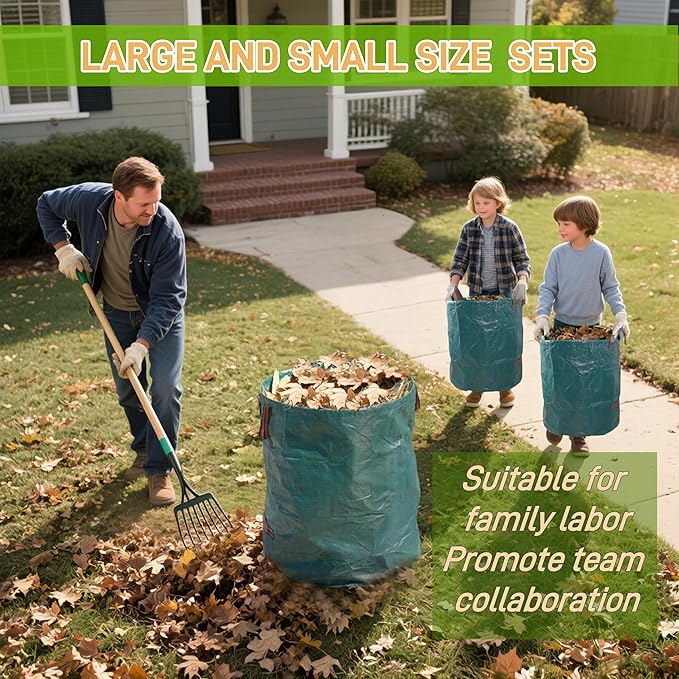 2x72Gallons+1x34Gallons (Free Gloves) Garden Leaf Bags,Reusable Heavy Duty Yard Waste Bag Set,Standable Design and Reinforced 4 Handles for Leaf,Grass,Debris,Camping Trash