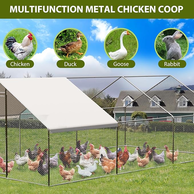 Large Metal Chicken Coop, 19.7 Ft Large Chicken Runs for Yard with Cover, Spire Roof Metal Chicken Coop with Lock for Outdoor, Backyard, Farm, Duck, Rabbit