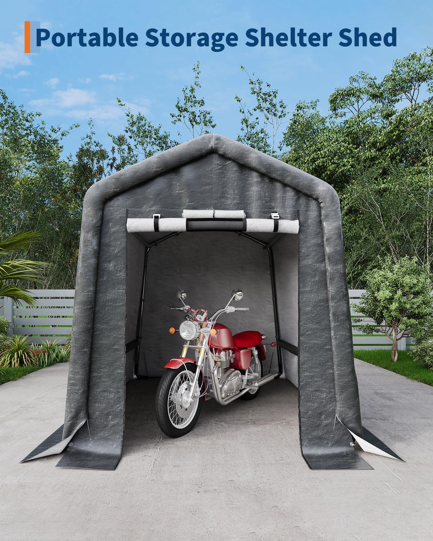 6x8FT Outdoor Portable Storage Shed with Roll-Up Door & Vent, 240G Heavy-Duty Shelter Waterproof PE Tarp, UV-Resistant Storage Sheds for Motorcycle, Firewood, Garden and Tools, Gray
