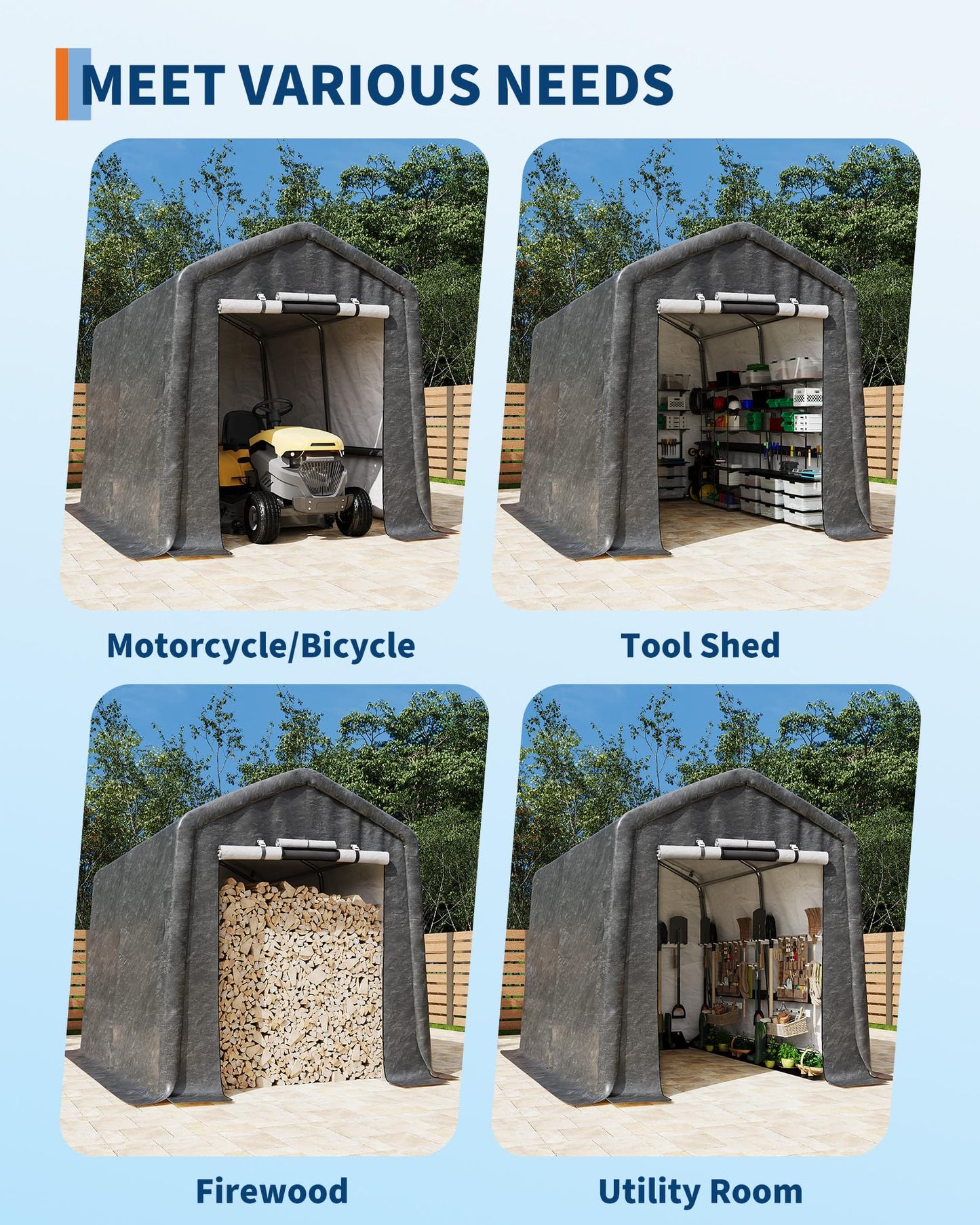 7x10FT Outdoor Portable Storage Shed with Roll-Up Door & Vent, 240G Heavy-Duty Shelter Waterproof PE Tarp, UV-Resistant Storage Sheds for Motorcycle, Firewood, Garden and Tools, Gray