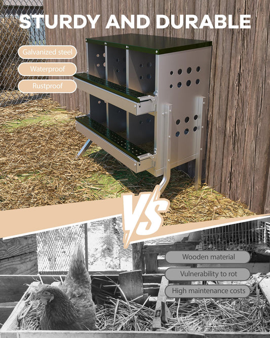 GarveeLife Wall-mountable Roll Away Metal Chicken Nesting Box for Laying Eggs, Rustproof Chicken Laying Boxes for Hens, Ventilated with Perch, Waterproof, 6 Compartments with Legs, Green