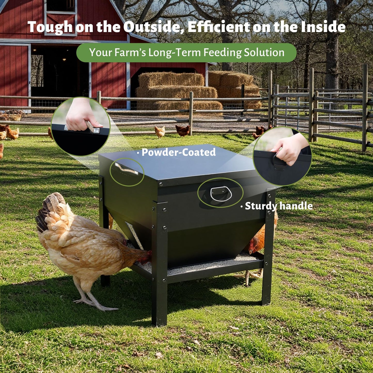 KOL 80LBs Chicken Feeder No-Waste, Galvanized Steel Large Capacity Chicken Feeder, Portable Poultry Feeder with Waterproof Lid for Hens and Roosters, Coops & Outdoors