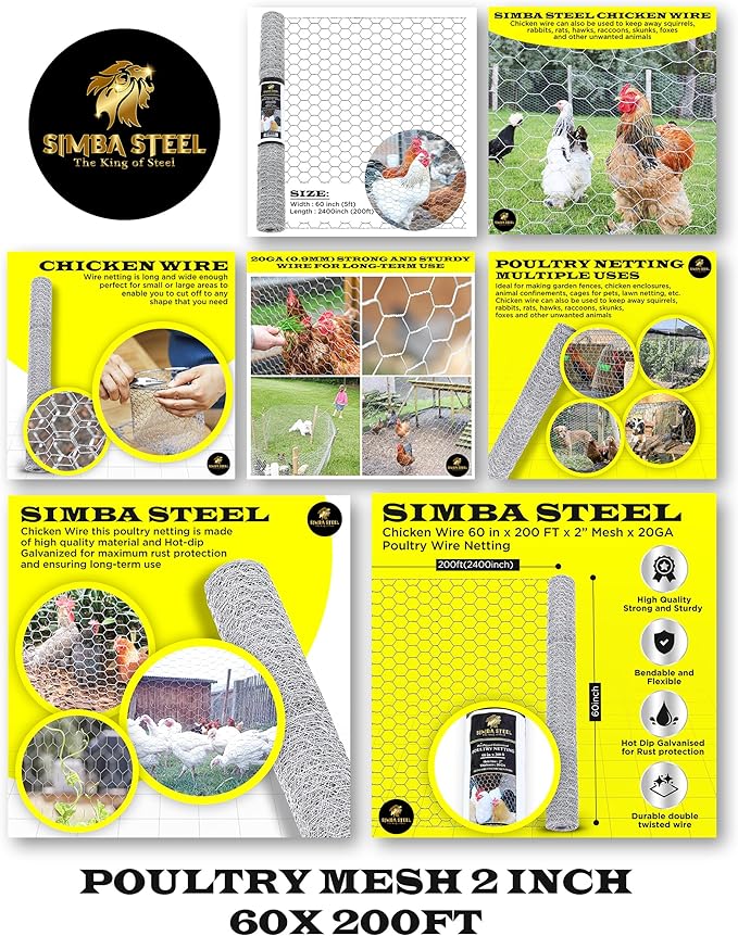 Chicken Wire 60 in x 200 FT x 2” Mesh x 20GA | Poultry Wire Netting | Hot Dipped Galvanized | Chicken Coop, Rabbit Cage, Fence Barrier (60 x 200 x 2)