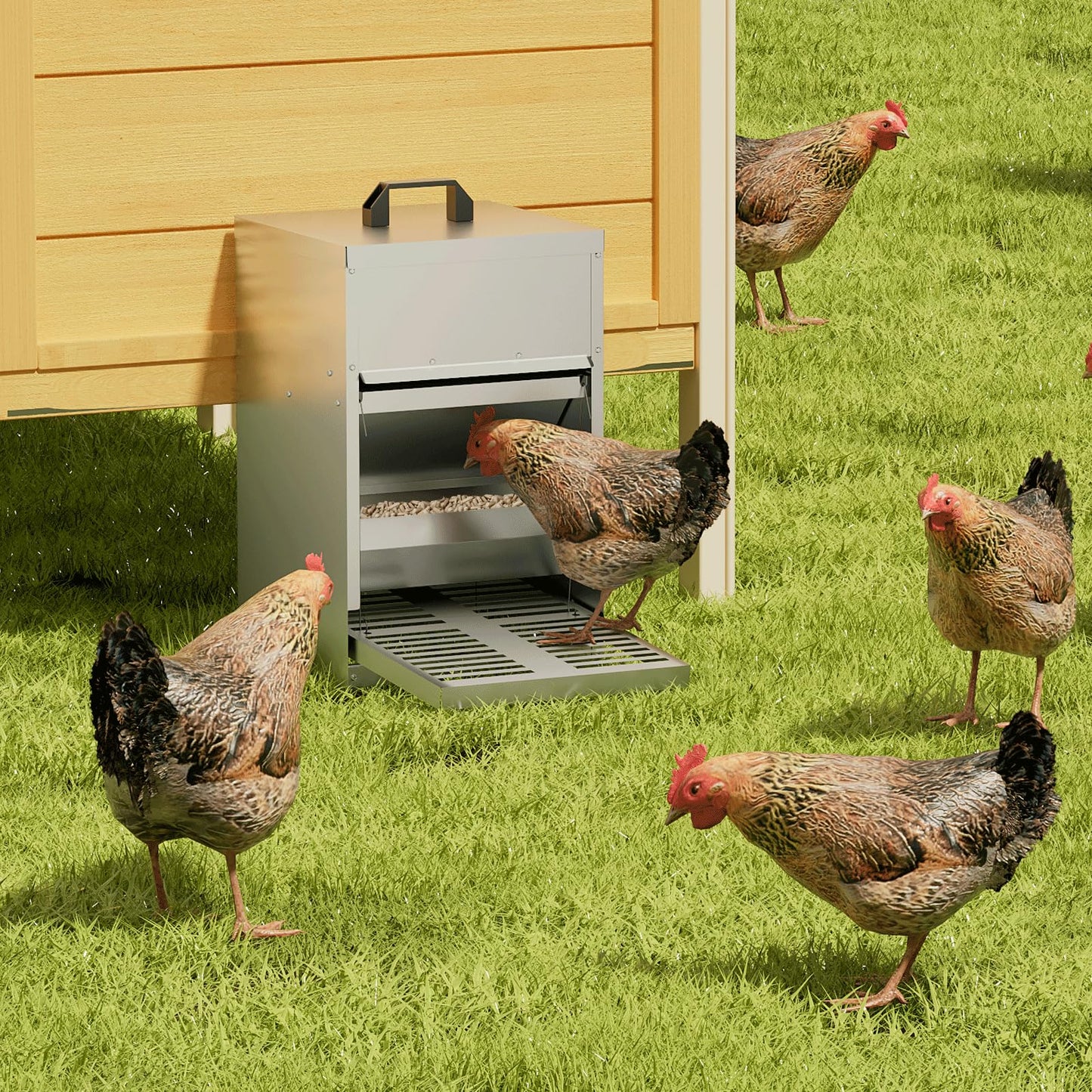 MoNiBloom Automatic Treadle Chicken Feeder, 11 lb Galvanized Steel Duck Feeder with Weatherproof Lid, Coop Feeder Rodent Proof Poultry Feeder for Chickens, Ducks, Geese