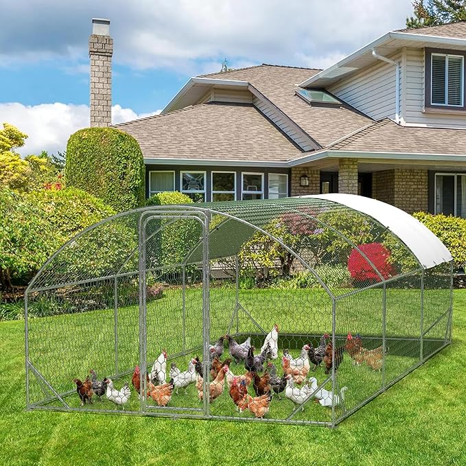 Large Metal Chicken Coop, Walk-in Poultry Cage, Large Chicken Run with Waterproof & Anti-UV Cover, Chicken Coop Run with Lockable Doors for Outdoor, 9.8 x 19.7 x 6.6FT
