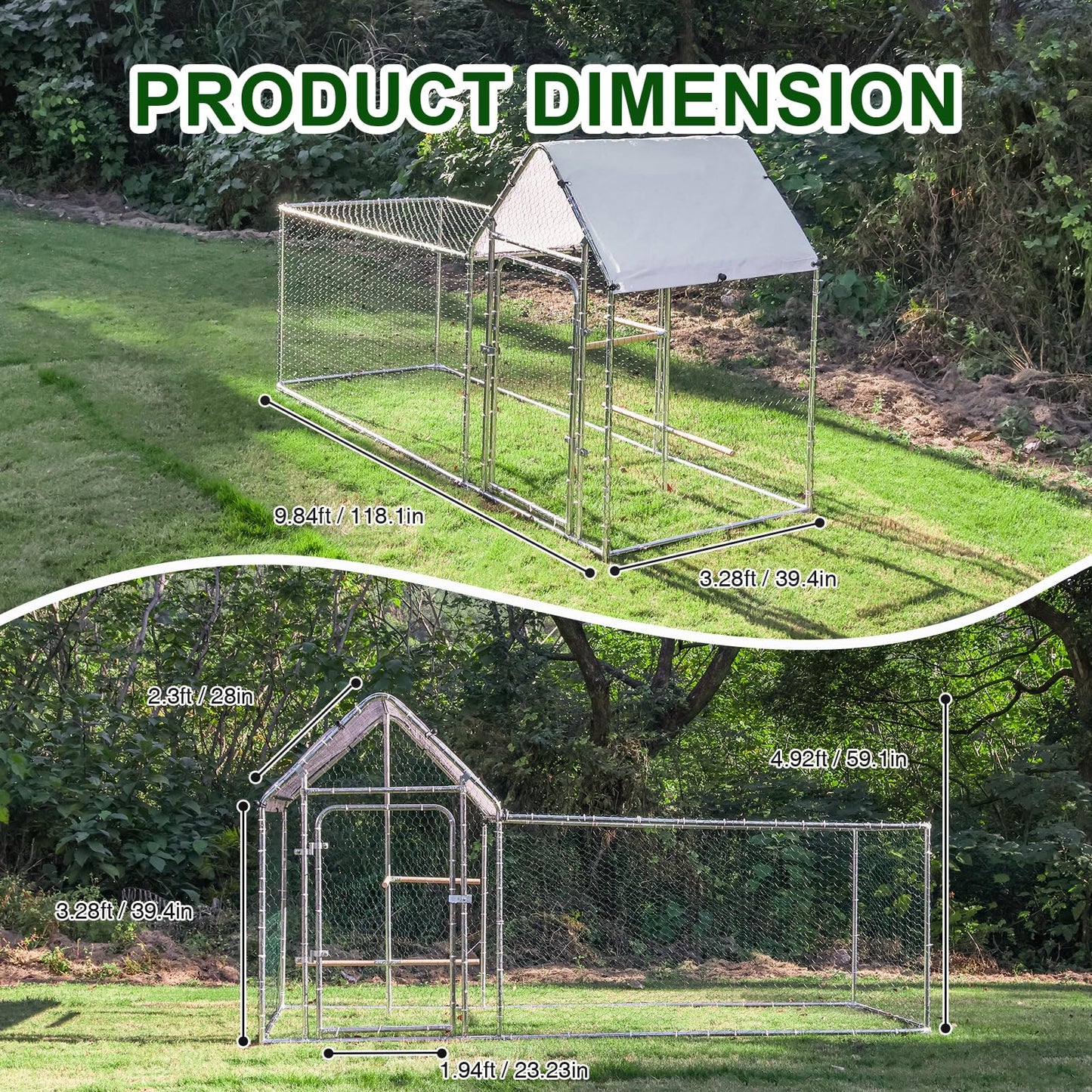 Large Metal Chicken Coop Run, Outdoor Walk-in Poultry Cage with Spire Roof, for Hen House, Duck Coop and Rabbit Run, Silver (9.8' L x 3.28' W x 4.92' H)