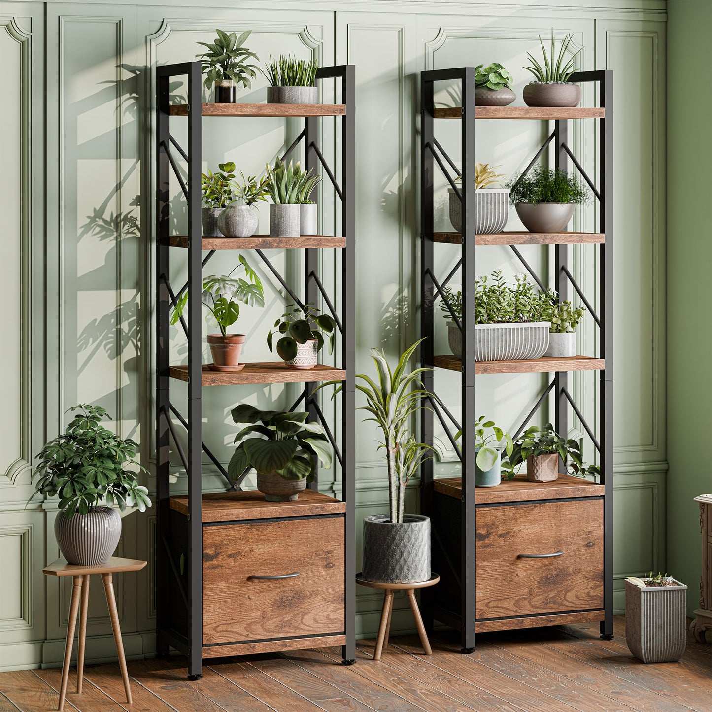 Shintenchi Bookshelf, 5 Tier Bookcase with Drawer,Home Office Bookcase Shelf Storage Organizer,Metal and Wood Industrial Bookshelves for Bedroom, Living Room and Home Office,Rustic Brown