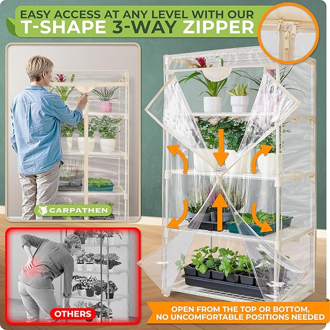 Carpathen Indoor Greenhouse with Grow Lights - 4 Tiers 27.2"L x 19.3"W x 54"H with 2 Dimmable 15W Full Spectrum LED Light Strips and Spectrum Control - Mini Greenhouse with Waterproof Zipped PVC Cover