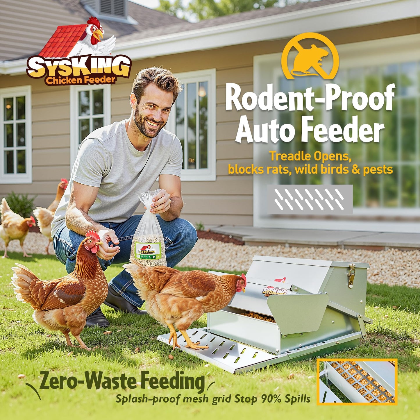 SYSKING Heavy Duty Automatic Chicken Feeder - Metal Chicken Feeders Treadle Operated, Spill Proof Poultry Feeder with Rat Proof Design & Weatherproof Lid | Sturdy Galvanized Steel (25 lb Capacity)