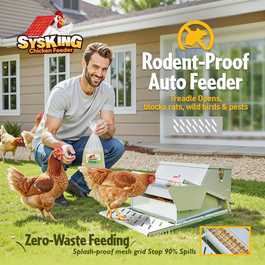 SYSKING Heavy Duty Automatic Chicken Feeder - Metal Chicken Feeders Treadle Operated, Spill Proof Poultry Feeder with Rat Proof Design & Weatherproof Lid | Sturdy Galvanized Steel (25 lb Capacity)