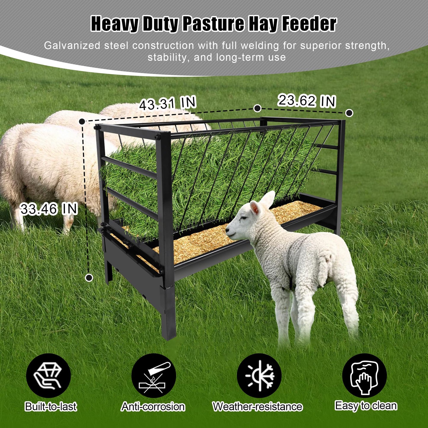 Large Pasture Hay Feeder 71Gallon, 2 in 1 Livestock Hay and Grain Feeder for Goat Sheep Horse, Galvanized Steel Livestock Feeders with Top Rack & Feeding Trough, Easy to Install for Farms Shed Outdoor
