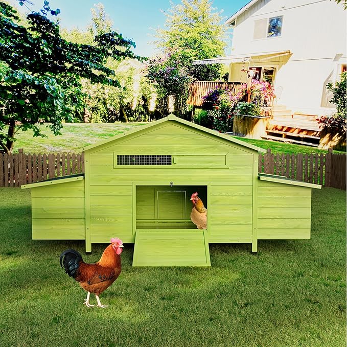 67.7" Large Wooden Chicken Coop for 4-6 Chickens,Outdoor Hen House Poultry Pet Hutch Cage with 2 Free-Range Doors,2 Side Nesting Boxes and Sliding Tray,Green