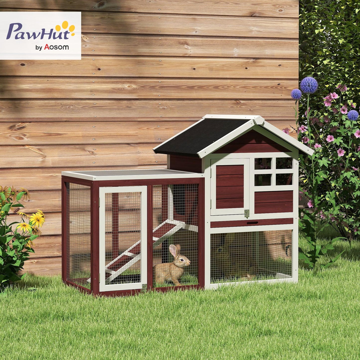 PawHut 48" Wooden Rabbit Hutch Bunny Cage with Waterproof Asphalt Roof, Fun Outdoor Run, Removable Tray and Ramp, Brown