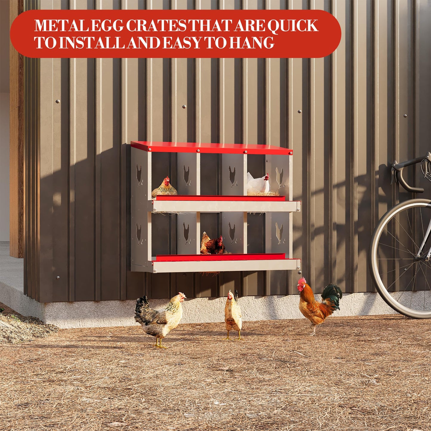 6 Hole Chicken Nesting Box with Roll Out Egg Tray, Rustproof & Ventilated Chicken Laying Boxes for Hens, Chickens, Ducks | Easy-Clean Poultry Coop Accessories