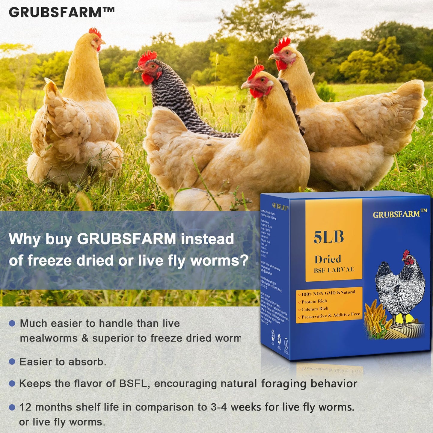 GRUBSFARM Superior to Dried Mealworms for Chickens 5lb - 85X More Calcium Than Mealworms - Non-GMO Chicken Feed - Molting Supplement - BSFL Treats for Hens, Ducks, Turkeys, Wild Birds, Quails