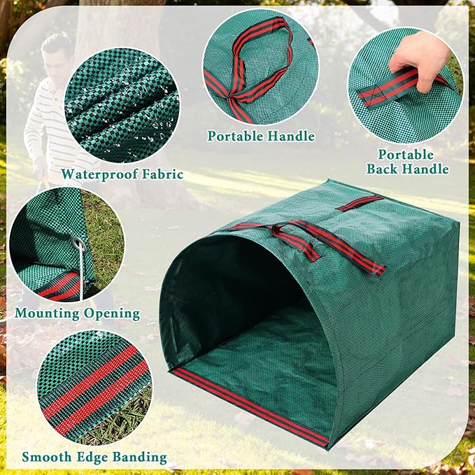 2 Pack Reusable Yard Waste Bags - 40 Gallon Dustpan Type Lawn And Leaf Bags, Heavy Duty Garden Bags With Adjustable Metal Leaf Rake,Gardening Gloves,Garden Waste Bag With Handles,Camping Recycling Bag