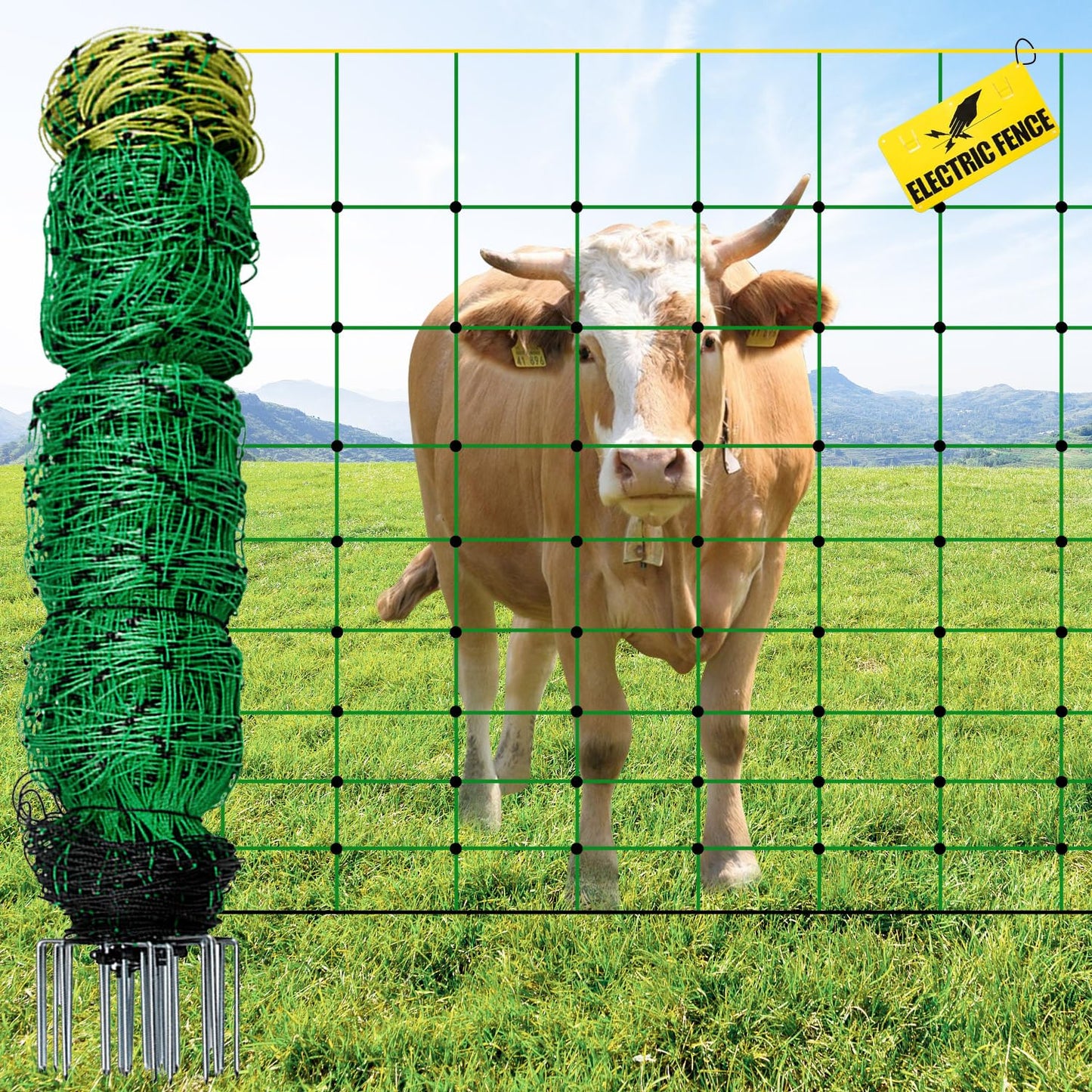 Electric Fence Netting, 49.6" H x 164'L Portable Livestock Nets for Cattle, Sheep, Goat, Hogs, Larger Animals, Electric Fencing with 14 Pre-Assembled Double-Spiked Posts for Backyards, Ranches, Farms