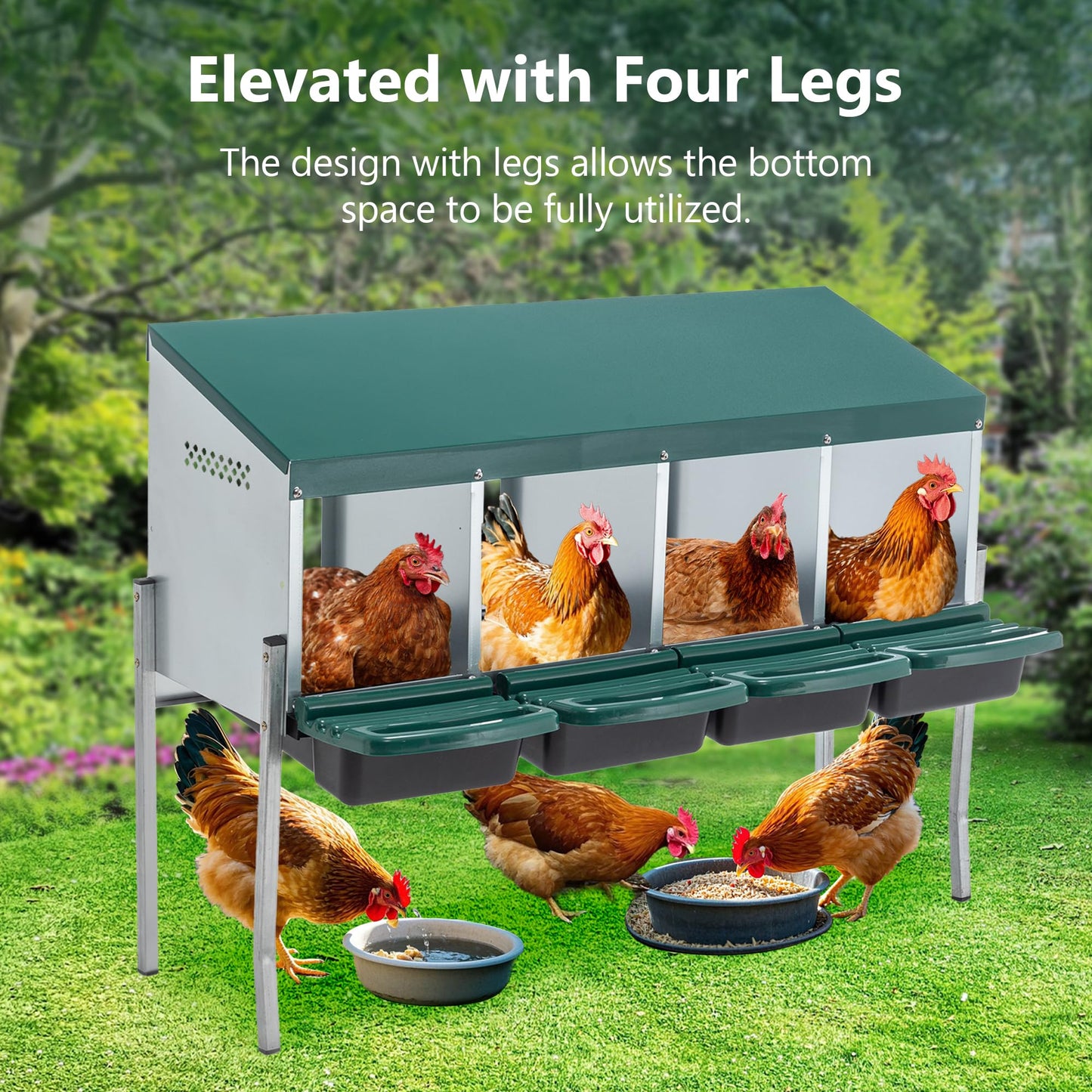 Chicken Nesting Box, 4 Compartment Metal Laying Box, Roll Away Nesting Boxes for Chicken, Indoor & Outdoor Use, Easy Egg Collection, 4 Holes with Legs, Green
