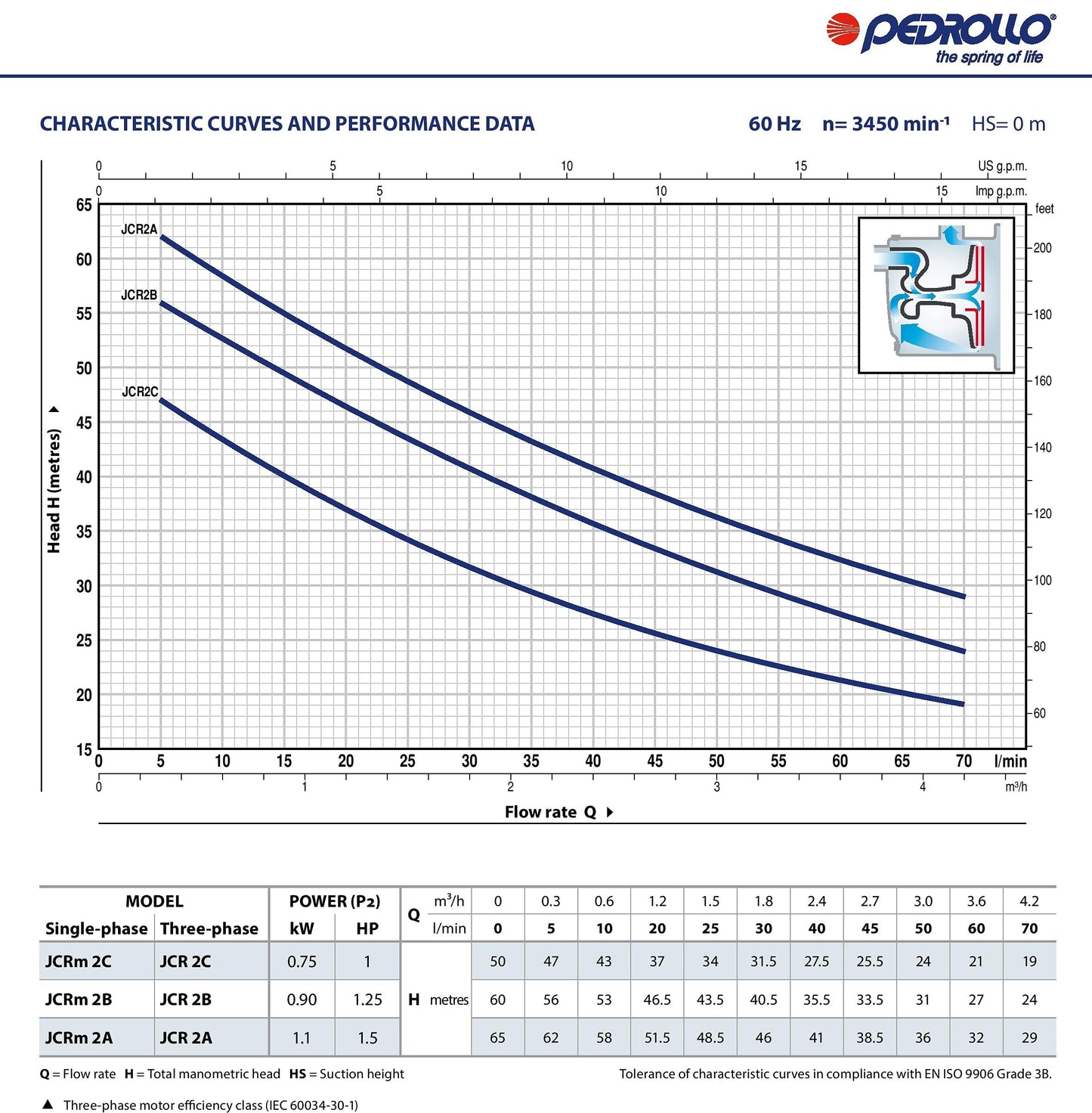 JCRm2A Pedrollo Self-priming Water Pump 220V 60 Hz 1.5 HP 1" x 1", Head up to 155 ft. Flow Rate up to 18 GPM
