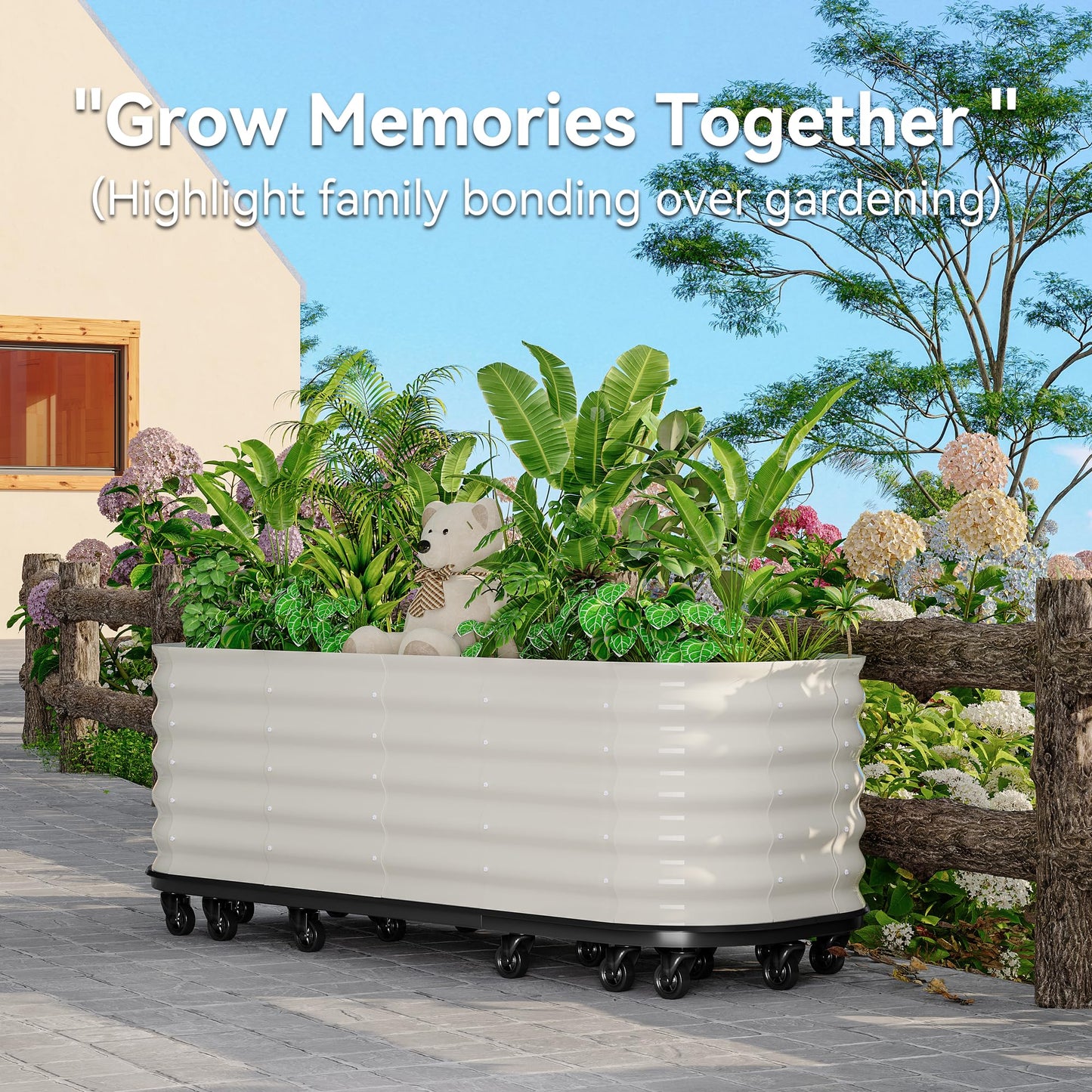 GarveeHome Self-Watering Wheeled Metal Garden Bed – Mobile Raised Planter Box with Water, Galvanized Steel Indoor/Outdoor Rolling Grow Station for Herbs, Veggies & Decor （94.5"x23.6"x19.7",White
