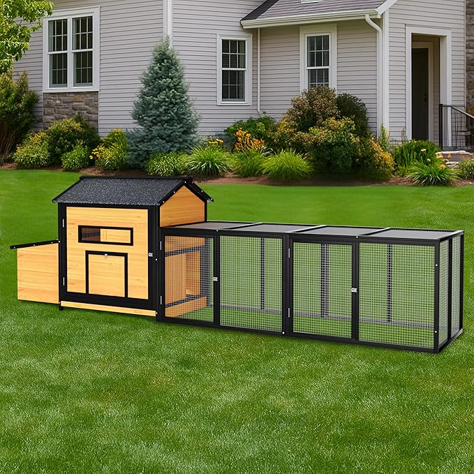 118" Large Wood Chicken Coop,Outdoor Hen House with Nesting Box Poultry Cage,Oversized Enclosed Run,Hen Coop with Leak-Proof Pull-Out Tray,Asphalt Roof & Free-Range Doors,Black+Gold